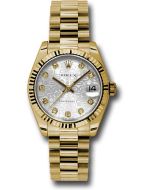  *Pre-Owned* Rolex Yellow Gold Datejust 31 Watch - Fluted Bezel - Silver Jubilee Diamond Dial - President Bracelet