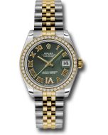  *Pre-Owned* Rolex Steel and Yellow Gold Datejust 31 Watch - 46 Diamond Bezel - Olive Green Diamond Roman Vi Roman Dial - Jubilee Bracelet