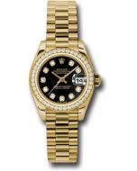 *Pre-Owned* Rolex Yellow Gold Lady-Datejust 26 Watch - 42 Diamond Bezel - Black Diamond Dial - President Bracelet