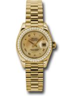 *Pre-Owned* Rolex Yellow Gold Lady-Datejust 26 Watch - 42 Diamond Bezel - Champagne Decorated Mother-Of-Pearl Roman Dial - President Bracelet