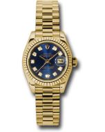 *Pre-Owned* Rolex Yellow Gold Lady-Datejust 26 Watch - Fluted Bezel - Blue Diamond Dial - President Bracelet