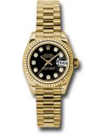  *Pre-Owned* Rolex Yellow Gold Lady-Datejust 26 Watch - Fluted Bezel - Black Diamond Dial - President Bracelet