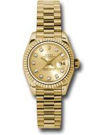  *Pre-Owned* Rolex Yellow Gold Lady-Datejust 26 Watch - Fluted Bezel - Champagne Diamond Dial - President Bracelet