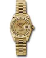 *Pre-Owned* Rolex Yellow Gold Lady-Datejust 26 Watch - Fluted Bezel - Champagne Decorated Mother-Of-Pearl Roman Dial - President Bracelet