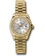  *Pre-Owned* Rolex Yellow Gold Lady-Datejust 26 Watch - Fluted Bezel - Silver Diamond Dial - President Bracelet