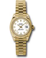  *Pre-Owned* Rolex Yellow Gold Lady-Datejust 26 Watch - Fluted Bezel - White Diamond Dial - President Bracelet