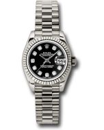  *Pre-Owned* Rolex White Gold Lady-Datejust 26 Watch - Fluted Bezel - Black Diamond Dial - President Bracelet