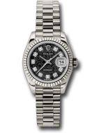 *Pre-Owned* Rolex White Gold Lady-Datejust 26 Watch - Fluted Bezel - Black Jubilee Diamond Dial - President Bracelet
