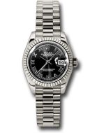  *Pre-Owned* Rolex White Gold Lady-Datejust 26 Watch - Fluted Bezel - Black Roman Dial - President Bracelet