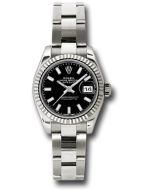  *Pre-Owned* Rolex White Gold Lady-Datejust 26 Watch - Fluted Bezel - Black Index Dial - Oyster Bracelet