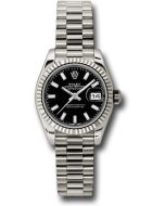  *Pre-Owned* Rolex White Gold Lady-Datejust 26 Watch - Fluted Bezel - Black Index Dial - President Bracelet