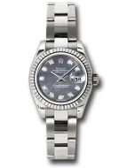  *Pre-Owned* Rolex White Gold Lady-Datejust 26 Watch - Fluted Bezel - Black Mother-Of-Pearl Diamond Dial - Oyster Bracelet