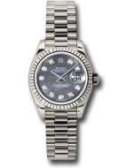  *Pre-Owned* Rolex White Gold Lady-Datejust 26 Watch - Fluted Bezel - Black Mother-Of-Pearl Diamond Dial - President Bracelet