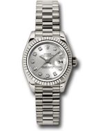  *Pre-Owned* Rolex White Gold Lady-Datejust 26 Watch - Fluted Bezel - Silver Diamond Dial - President Bracelet