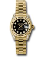  *Pre-Owned* Rolex Yellow Gold Lady-Datejust 26 Watch - Fluted Bezel - Black Diamond Dial - President Bracelet
