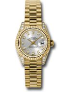  *Pre-Owned* Rolex Yellow Gold Lady-Datejust 26 Watch - Fluted Bezel - Silver Diamond Dial - President Bracelet