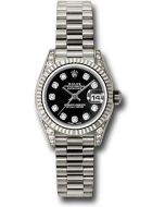  *Pre-Owned* Rolex White Gold Lady-Datejust 26 Watch - Fluted Bezel - Black Diamond Dial - President Bracelet
