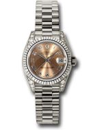 *Pre-Owned* Rolex White Gold Lady-Datejust 26 Watch - Fluted Bezel - Pink Roman Dial - President Bracelet