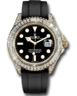  *Pre-Owned* Rolex Yellow Gold Diamond Paved Yacht-Master 42 Watch - Baguette Diamond Bezel - Black Dial - Oysterflex Strap