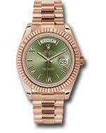  *Pre-Owned* Rolex Everose Gold Day-Date 40 Watch - Fluted Bezel - Olive Green Bevelled Roman Dial - President Bracelet