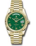  *Pre-Owned* Rolex Yellow Gold Day-Date 40 Watch - Fluted Bezel - Green Roman Dial - President Bracelet