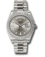  *Pre-Owned* Rolex White Gold Day-Date 40 Watch - Fluted Bezel - Silver Baguette Diamond Dial - President Bracelet