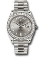  *Pre-Owned* Rolex White Gold Day-Date 40 Watch - White Gold Bezel - Silver Baguette Diamond Dial - President Bracelet