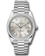  *Pre-Owned* Rolex 950 Platinum Day-Date 40 Watch - Baguette Diamond Bezel - Silver Quadrant Motif Bevelled Roman Dial - President Bracelet