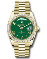 *Pre-Owned* Rolex Yellow Gold Day-Date 40 Watch - Baguette Diamond Bezel - Green Roman Dial - President Bracelet