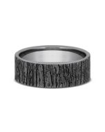 The Weald This 7mm comfort fit ring is made with Grey Tantalum and features a tree bark design.
