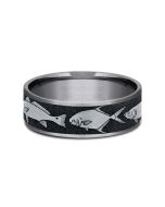 The Skiff This 7mm comfort fit ring is made with Grey Tantalum and Grey/Black Titanium, featuring a Bay fish design