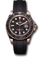  *Pre-Owned* Rolex Everose Gold Yacht-Master 37 Watch - Matt Black Dial - Oysterflex Strap