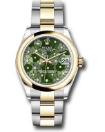 *Pre-Owned* Rolex Yellow Rolesor Datejust 31 Watch - Domed Bezel - Olive Green Floral Motif Diamond 6 Dial - Oyster Bracelet