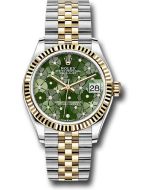  *Pre-Owned* Rolex Yellow Rolesor Datejust 31 Watch - Fluted Bezel - Olive Green Floral Motif Diamond 6 Dial - Jubilee Bracelet