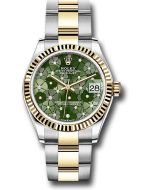  *Pre-Owned* Rolex Yellow Rolesor Datejust 31 Watch - Fluted Bezel - Olive Green Floral Motif Diamond 6 Dial - Oyster Bracelet