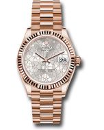  *Pre-Owned* Rolex Everose Gold Datejust 31 Watch - Fluted Bezel - Silver Floral Motif Diamond Dial - President Bracelet