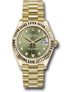  *Pre-Owned* Rolex Yellow Gold Datejust 31 Watch - Fluted Bezel - Olive Green Diamond Dial - President Bracelet