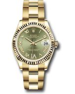  *Pre-Owned* Rolex Yellow Gold Datejust 31 Watch - Fluted Bezel - Olive Green Diamond Six Dial - Oyster Bracelet