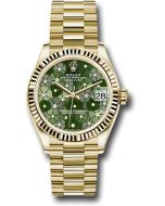  *Pre-Owned* Rolex Yellow Gold Datejust 31 Watch - Fluted Bezel - Olive Green Floral Motif Diamond 6 Dial - President Bracelet