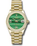 *Pre-Owned* Rolex Yellow Gold Datejust 31 Watch - Diamond Bezel - Malachite Diamond Six and Nine Dial - President Bracelet