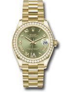 *Pre-Owned* Rolex Yellow Gold Datejust 31 Watch - Diamond Bezel - Olive Green Diamond Six Dial - President Bracelet