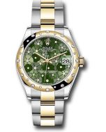  *Pre-Owned* Rolex Yellow Rolesor Datejust 31 Watch - Domed, Diamond Bezel - Olive Green Floral Motif Diamond 6 Dial - Oyster Bracelet