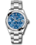 *Pre-Owned* Rolex White Rolesor Datejust 31 Watch - Domed, Diamond Bezel - Azzurro Blue Floral Motif Diamond Dial - Oyster Bracelet