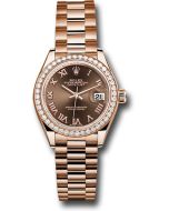  *Pre-Owned* Rolex Everose Gold Lady-Datejust 28 Watch - 44 Diamond Bezel - Chocolate Roman Dial - President Bracelet