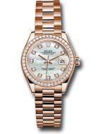  *Pre-Owned* Rolex Everose Gold Lady-Datejust 28 Watch - 44 Diamond Bezel - Mother-of-Pearl Diamond Dial - President Bracelet