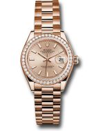 *Pre-Owned* Rolex Everose Gold Lady-Datejust 28 Watch - 44 Diamond Bezel - Pink Sundust Index Dial - President Bracelet