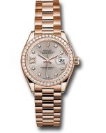 *Pre-Owned* Rolex Everose Gold Lady-Datejust 28 Watch - 44 Diamond Bezel - Silver Sundust Diamond Star Dial - President Bracelet
