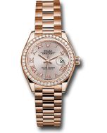  *Pre-Owned* Rolex Everose Gold Lady-Datejust 28 Watch - 44 Diamond Bezel - Sundust Roman Dial - President Bracelet