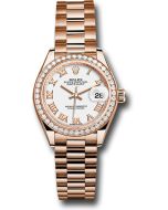 *Pre-Owned* Rolex Everose Gold Lady-Datejust 28 Watch - 44 Diamond Bezel - White Roman Dial - President Bracelet