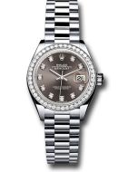 *Pre-Owned* Rolex Platinum Lady-Datejust 28 Watch - 44 Diamond Bezel - Dark Grey Diamond Dial - President Bracelet